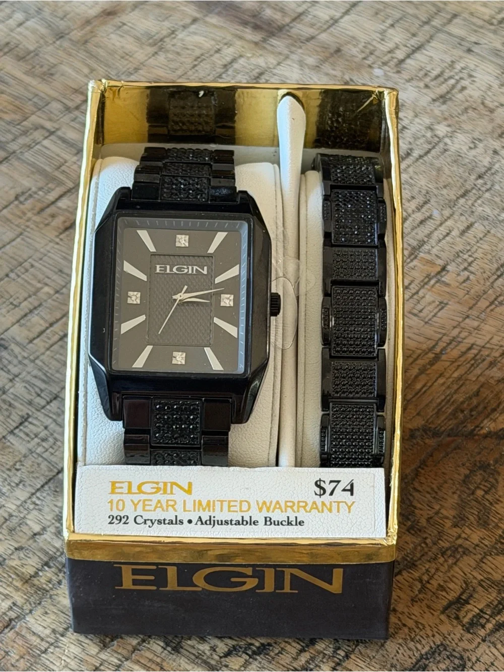 NEW! Elgin Black Crystal Watch 37mm + matching bracelet- NIB - 10 Year Warranty